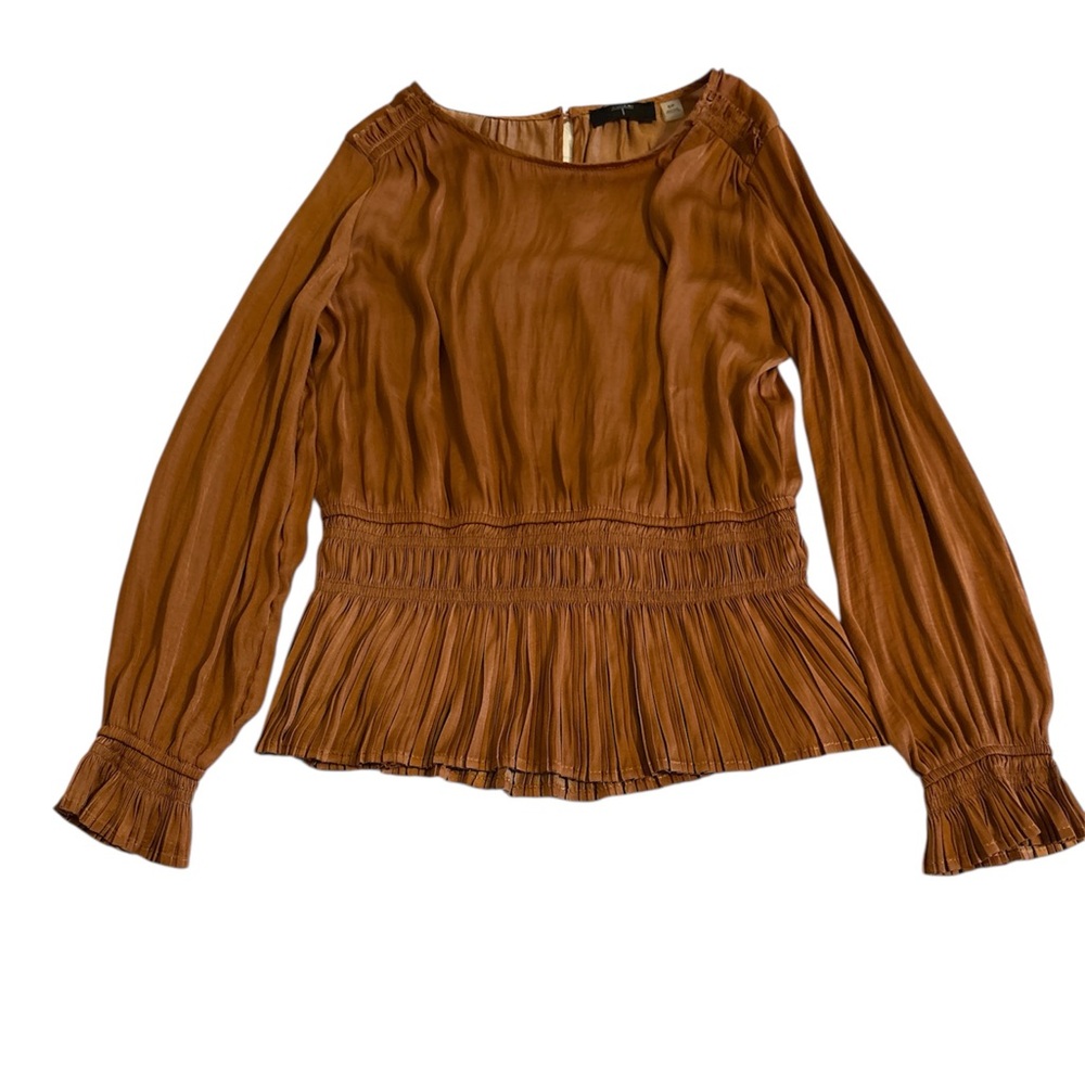 Tahari Toffee Brown Satin Pleated Peplum Blouse Smocked Long Sleeve Fall Size S